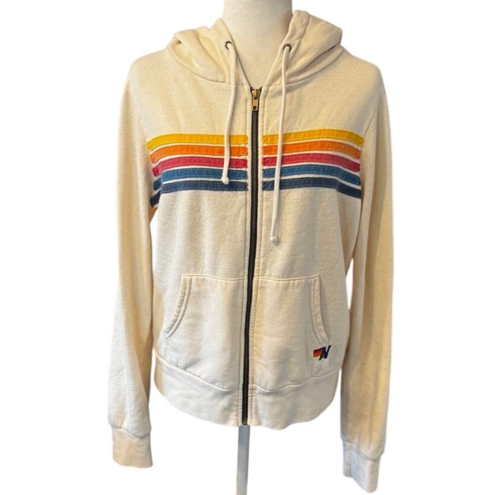 Aviator Nation 5 Stripe Full Zip Hoodie in Antique White Made Size Small Unisex
